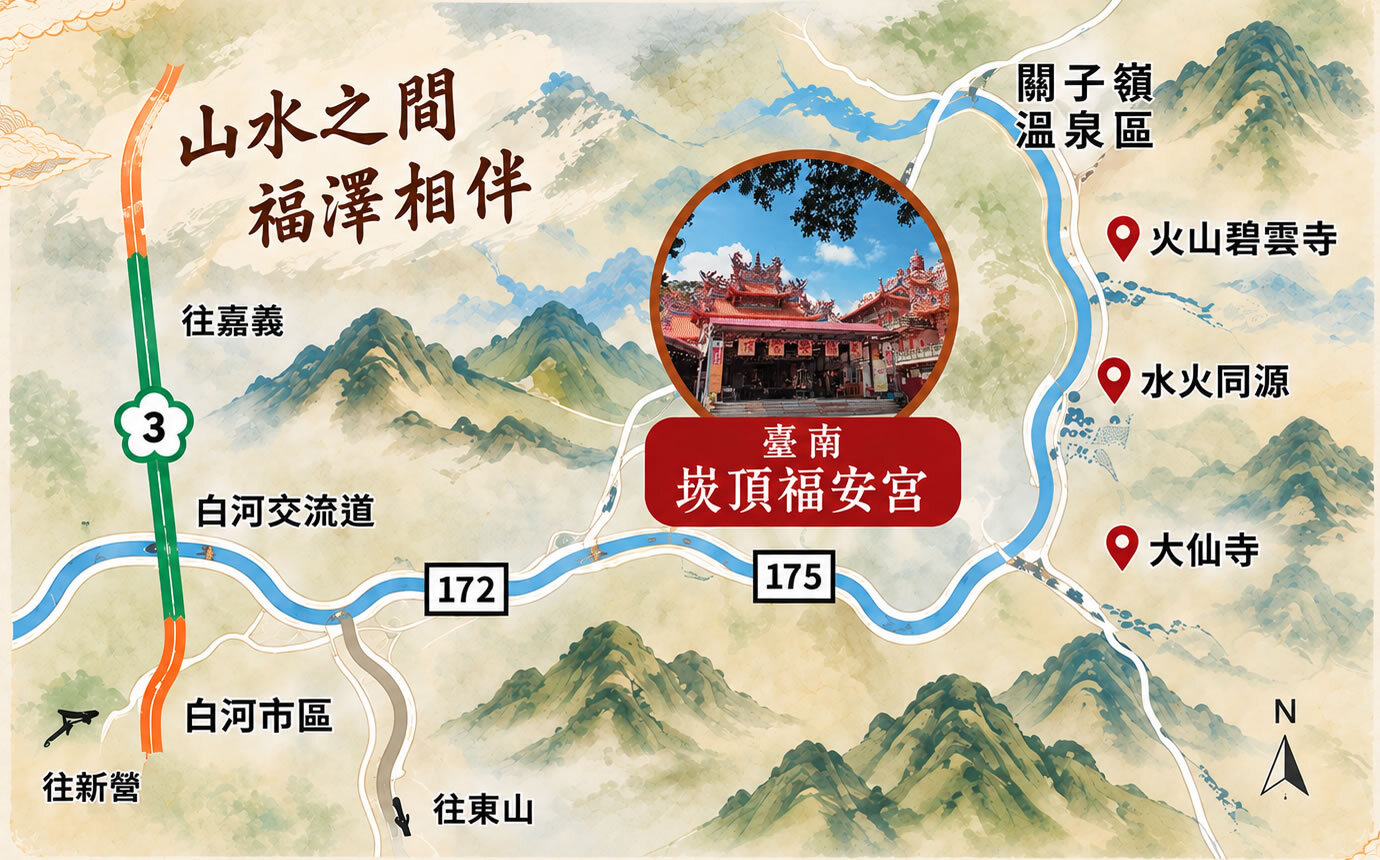 山水之間福澤相伴,崁頂福安宮與周邊景點水彩導覽示意圖